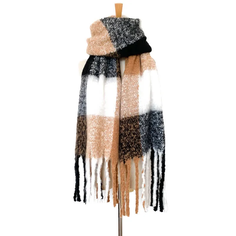 Unisex Oversized Color Block Tassels Roving Scarf