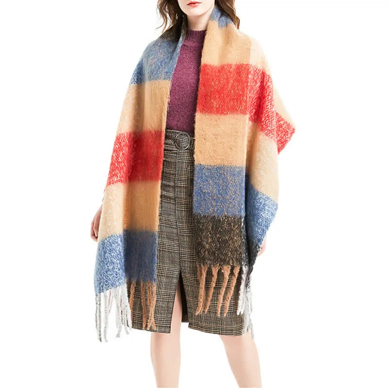 Unisex Oversized Color Block Tassels Roving Scarf