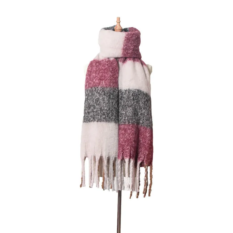 Unisex Oversized Color Block Tassels Roving Scarf