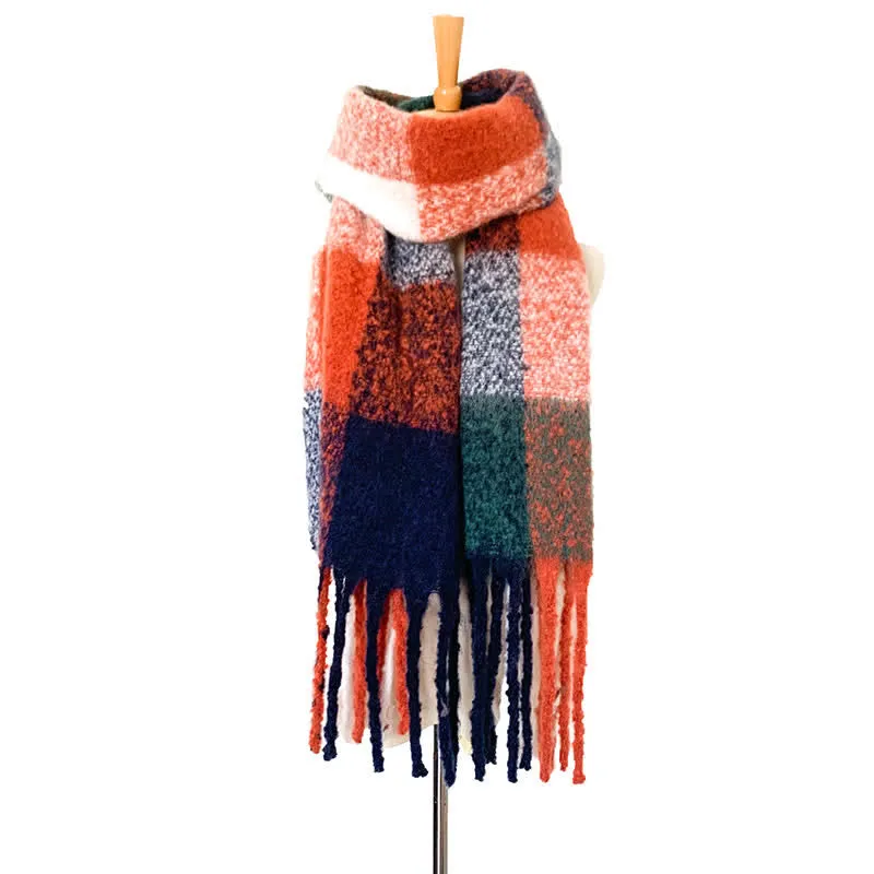 Unisex Oversized Color Block Tassels Roving Scarf