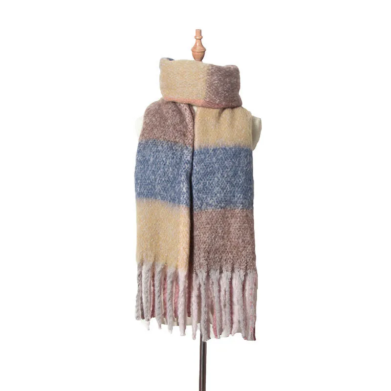 Unisex Oversized Color Block Tassels Roving Scarf