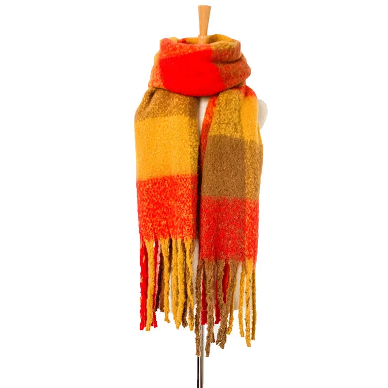 Unisex Oversized Color Block Tassels Roving Scarf