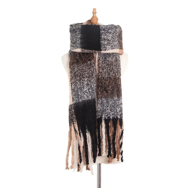 Unisex Oversized Color Block Tassels Roving Scarf