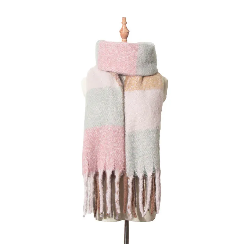 Unisex Oversized Color Block Tassels Roving Scarf