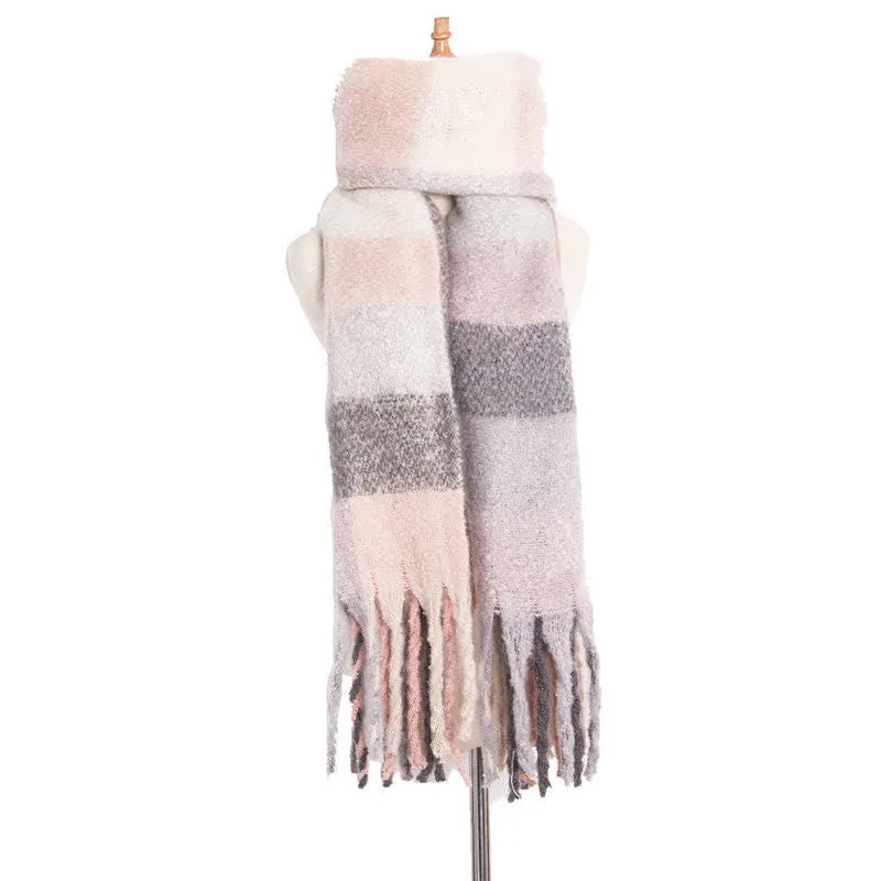 Unisex Oversized Color Block Tassels Roving Scarf