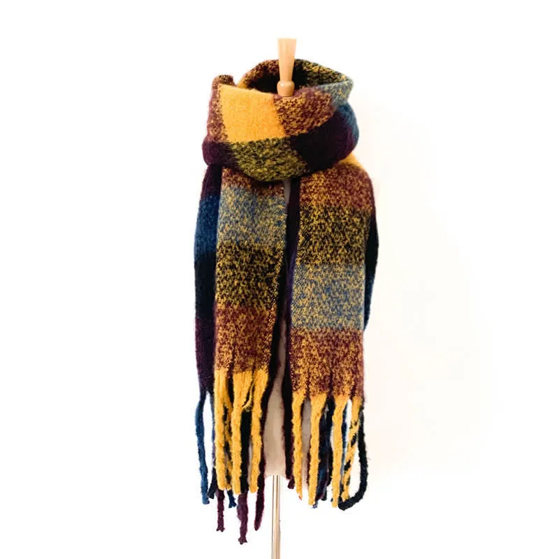 Unisex Oversized Color Block Tassels Roving Scarf