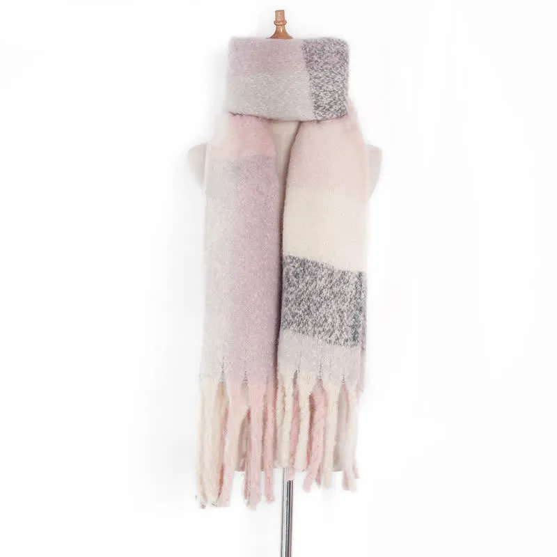 Unisex Oversized Color Block Tassels Roving Scarf