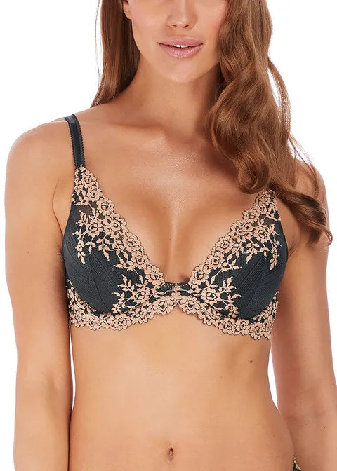 Wacoal Embrace Lace Plunge Underwire Bra, Ebony / Shifting Sand