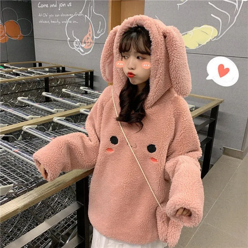 Women Cute Hoodie Student Hoodie Long Sleeve Oversize Sweet Rabbit Warm Coat Kawaii Spring Bunny Ear Girls Sweatshirts